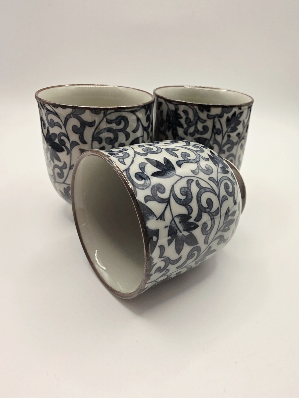 Japanese Blue & White Floral Sometsuke Tea Cups Set of (3)